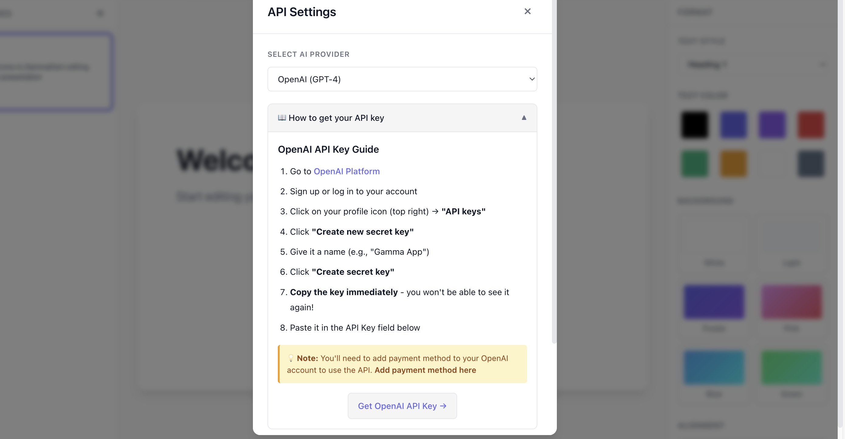 Step-by-step visual guide showing how to configure and connect AI providers (OpenAI, Anthropic, Google) to Gamma's API with secure key management